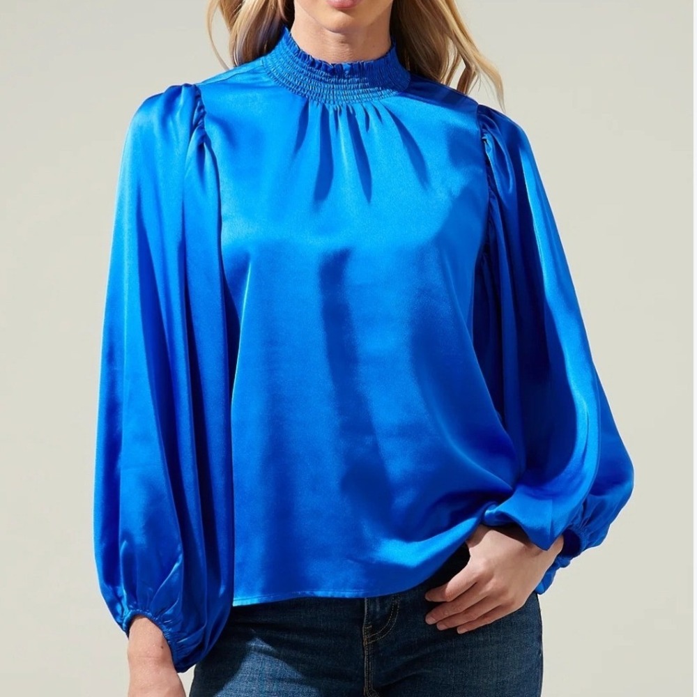 NWT Sugarlips Royal Blue Satin Balloon Sleeve Smocked Mock Neck Blouse large